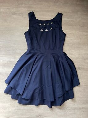 Akira Navy Cocktail dress with geo lace cutout Ponte Fit drop back Small